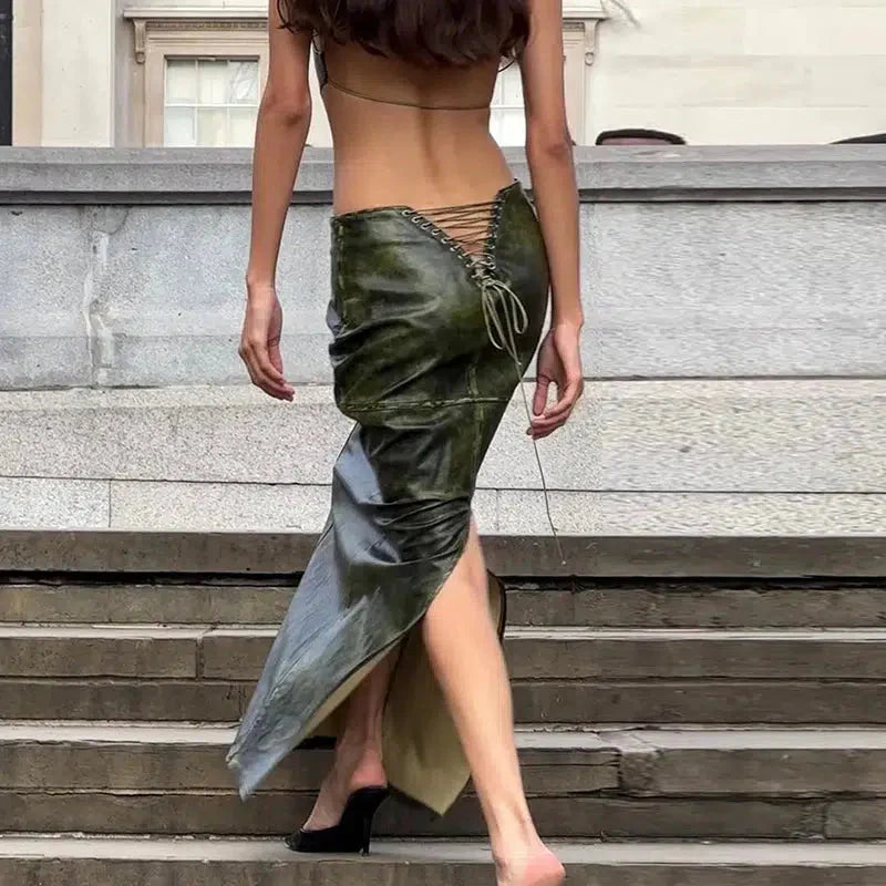 Style Core Aesthetics, New Style Trends - Baddie Leaf Lace Up Split Maxi Skirt Style Core Aesthetics, New Style Trends - Baddie Leaf Lace Up Split Maxi Skirt