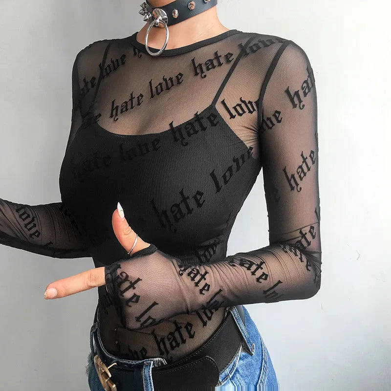 Style Core Aesthetics, New Style Trends - Baddie Love Hate Sheer Mesh Top Style Core Aesthetics, New Style Trends - Baddie Love Hate Sheer Mesh Top