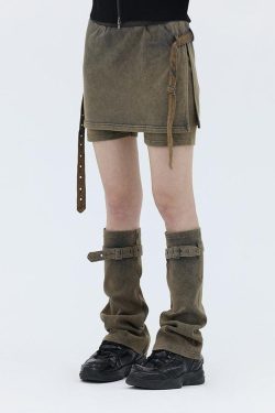 Style Core Aesthetics, New Style Trends - Belt Detail Denim Mini Skort With Leg Warmer