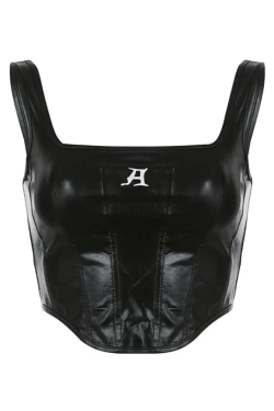 Style Core Aesthetics, New Style Trends - Black Pu Leather Cropped Tank Top