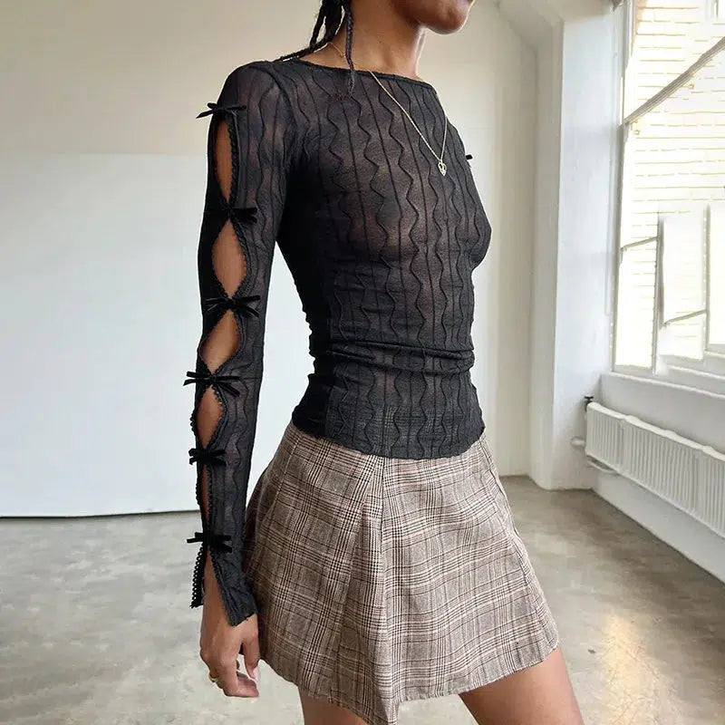 Style Core Aesthetics, New Style Trends - Bow Sleeve Sheer Top Style Core Aesthetics, New Style Trends - Bow Sleeve Sheer Top