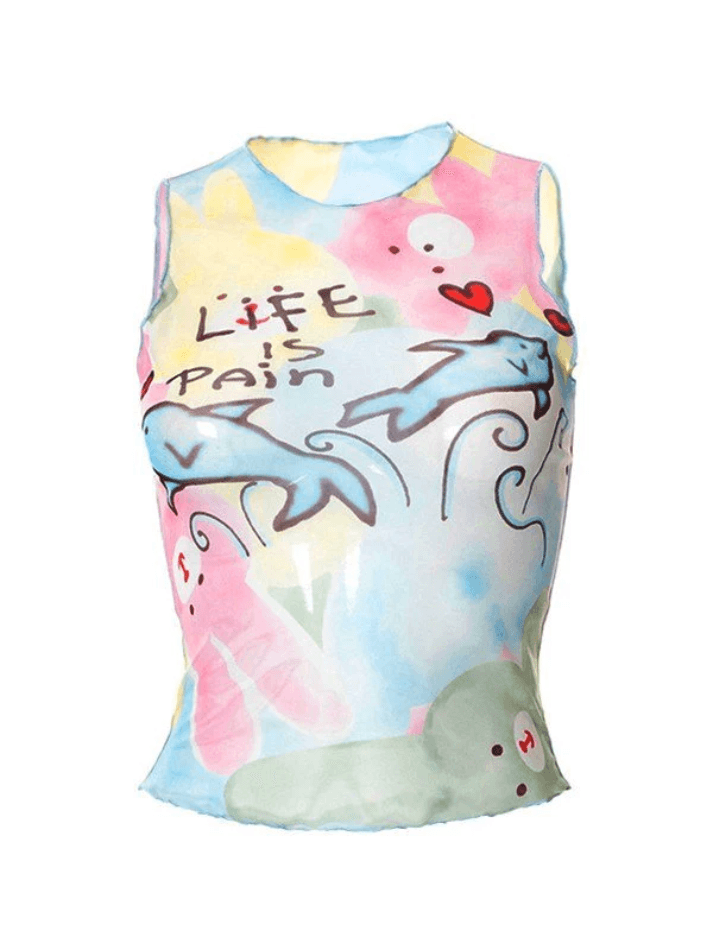Style Core Aesthetics, New Style Trends - Cartoon Print Mesh Tank Top Style Core Aesthetics, New Style Trends - Cartoon Print Mesh Tank Top