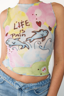 Style Core Aesthetics, New Style Trends - Cartoon Print Mesh Tank Top