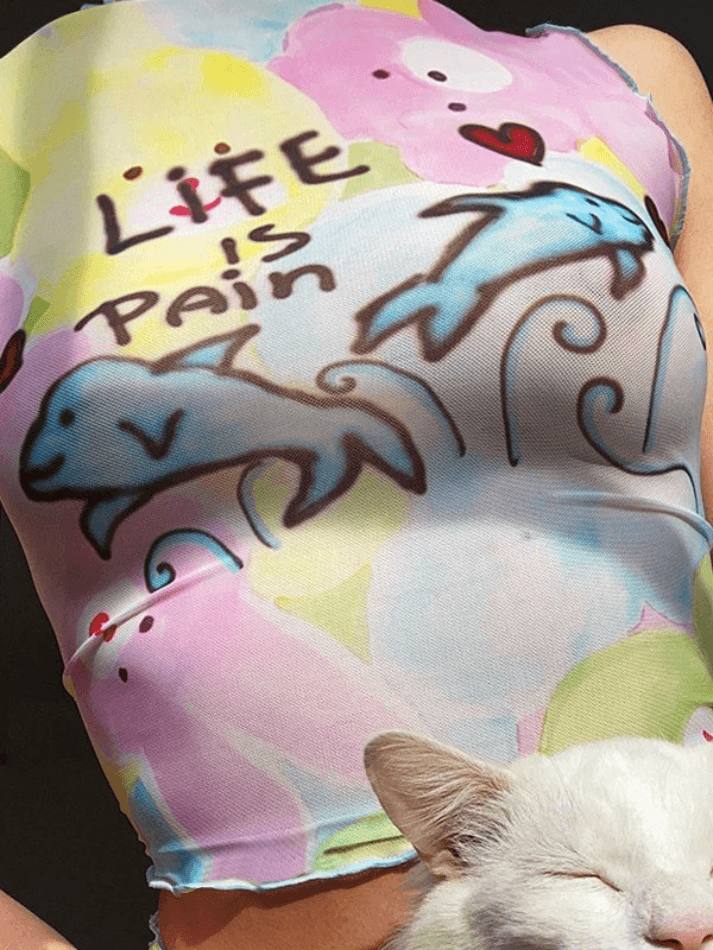 Style Core Aesthetics, New Style Trends - Cartoon Print Mesh Tank Top Style Core Aesthetics, New Style Trends - Cartoon Print Mesh Tank Top