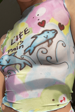 Style Core Aesthetics, New Style Trends - Cartoon Print Mesh Tank Top