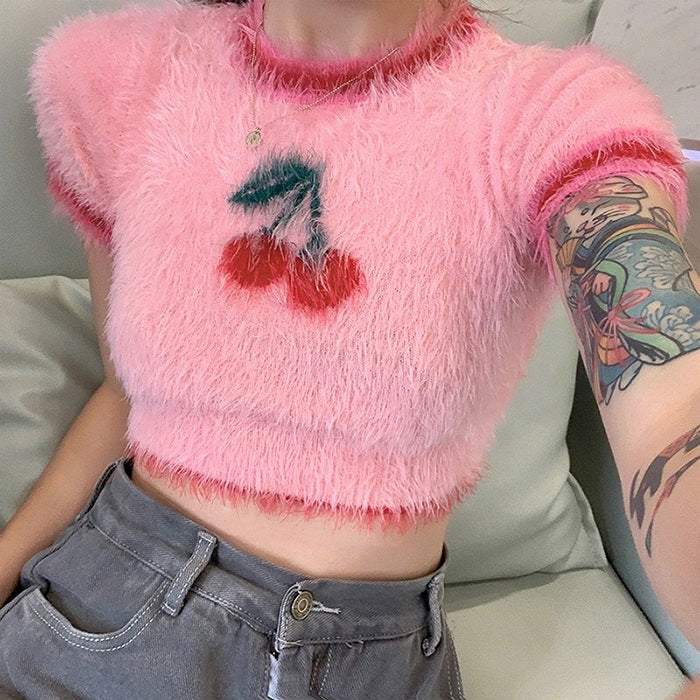 Style Core Aesthetics, New Style Trends - Cherry Fuzzy Crop Top Style Core Aesthetics, New Style Trends - Cherry Fuzzy Crop Top