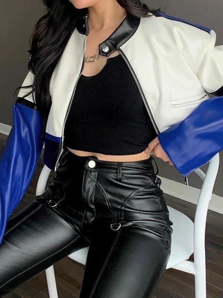 Style Core Aesthetics, New Style Trends - Color Block Pu Leather Cropped Moto Jacket Style Core Aesthetics, New Style Trends - Color Block Pu Leather Cropped Moto Jacket