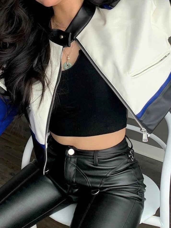 Style Core Aesthetics, New Style Trends - Color Block Pu Leather Cropped Moto Jacket Style Core Aesthetics, New Style Trends - Color Block Pu Leather Cropped Moto Jacket