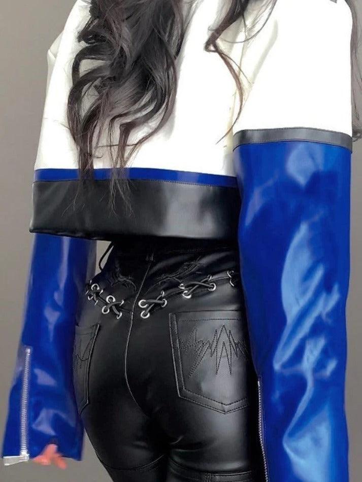 Style Core Aesthetics, New Style Trends - Color Block Pu Leather Cropped Moto Jacket Style Core Aesthetics, New Style Trends - Color Block Pu Leather Cropped Moto Jacket