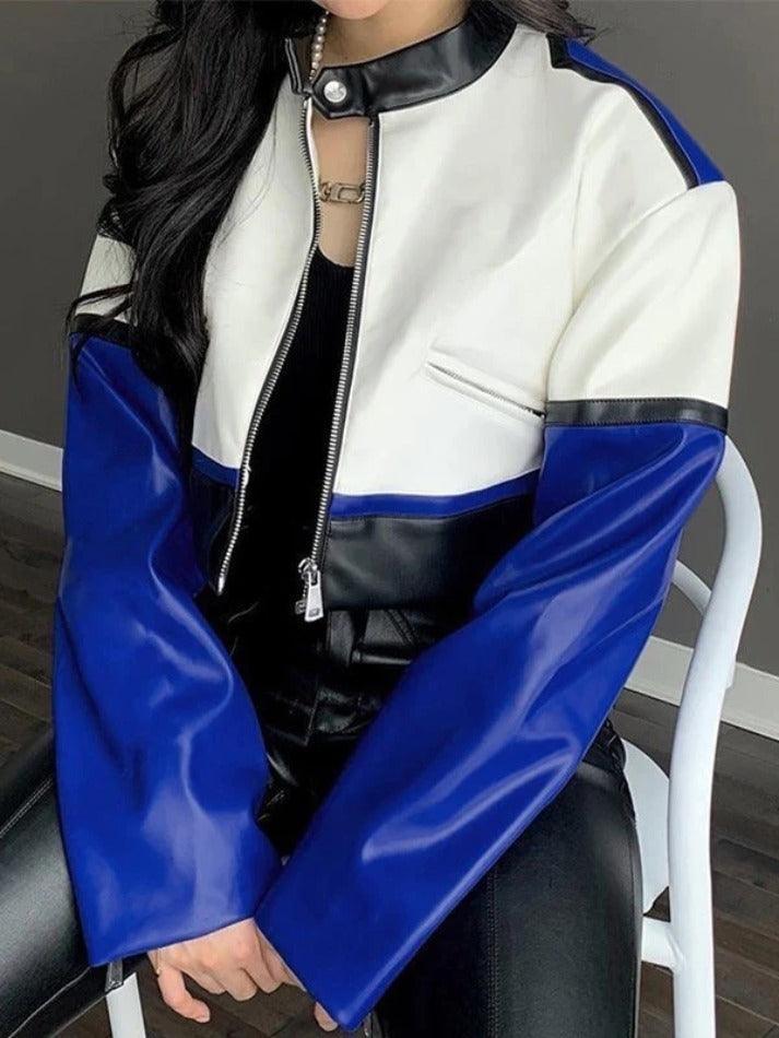 Style Core Aesthetics, New Style Trends - Color Block Pu Leather Cropped Moto Jacket Style Core Aesthetics, New Style Trends - Color Block Pu Leather Cropped Moto Jacket