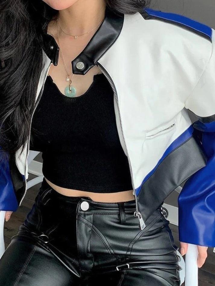 Style Core Aesthetics, New Style Trends - Color Block Pu Leather Cropped Moto Jacket Style Core Aesthetics, New Style Trends - Color Block Pu Leather Cropped Moto Jacket