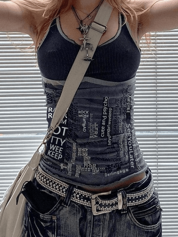 Style Core Aesthetics, New Style Trends - Contrast Letter Stripe Tank Top Style Core Aesthetics, New Style Trends - Contrast Letter Stripe Tank Top