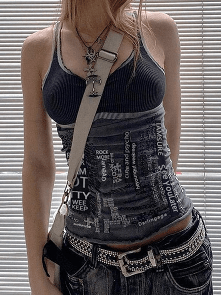 Style Core Aesthetics, New Style Trends - Contrast Letter Stripe Tank Top Style Core Aesthetics, New Style Trends - Contrast Letter Stripe Tank Top