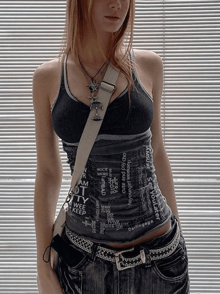 Style Core Aesthetics, New Style Trends - Contrast Letter Stripe Tank Top Style Core Aesthetics, New Style Trends - Contrast Letter Stripe Tank Top