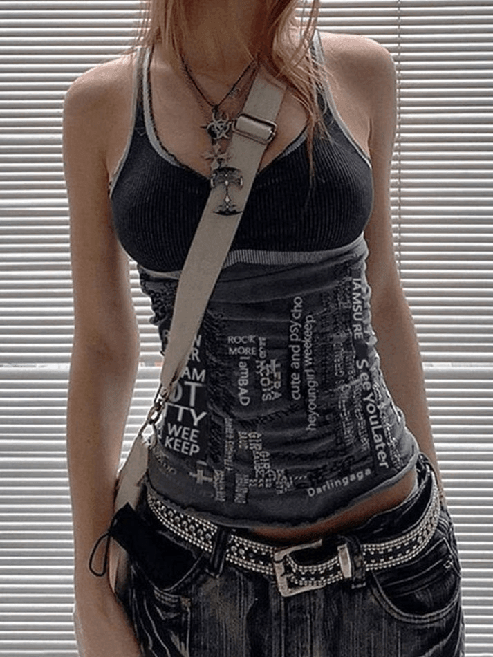 Style Core Aesthetics, New Style Trends - Contrast Letter Stripe Tank Top Style Core Aesthetics, New Style Trends - Contrast Letter Stripe Tank Top