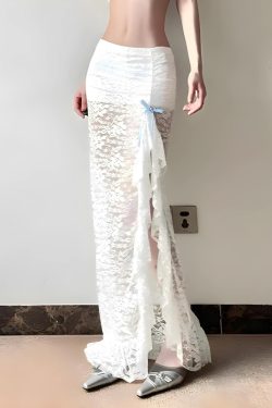 Style Core Aesthetics, New Style Trends - Coquette Lace Ruffled Slit Maxi Skirt