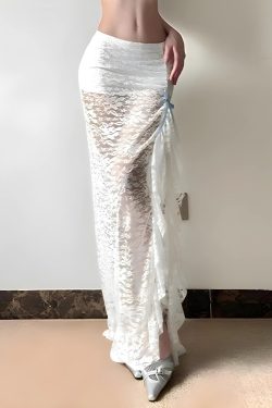 Style Core Aesthetics, New Style Trends - Coquette Lace Ruffled Slit Maxi Skirt