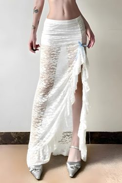 Style Core Aesthetics, New Style Trends - Coquette Lace Ruffled Slit Maxi Skirt