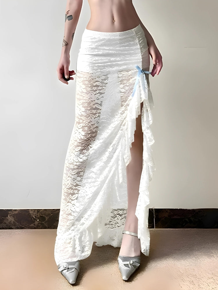 Style Core Aesthetics, New Style Trends - Coquette Lace Ruffled Slit Maxi Skirt Style Core Aesthetics, New Style Trends - Coquette Lace Ruffled Slit Maxi Skirt