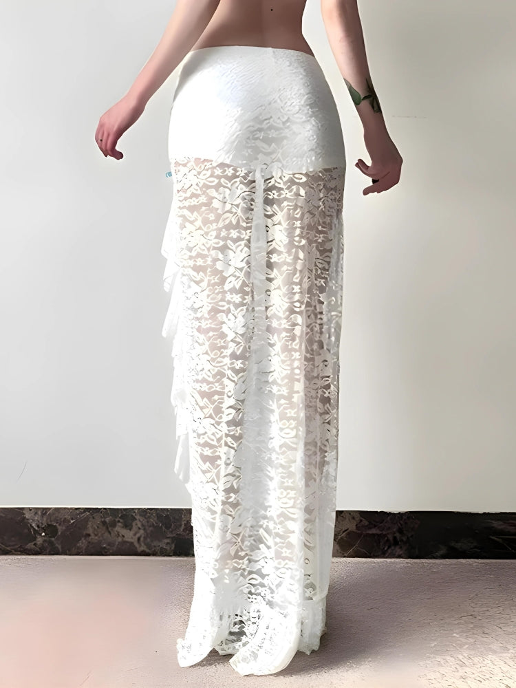 Style Core Aesthetics, New Style Trends - Coquette Lace Ruffled Slit Maxi Skirt Style Core Aesthetics, New Style Trends - Coquette Lace Ruffled Slit Maxi Skirt