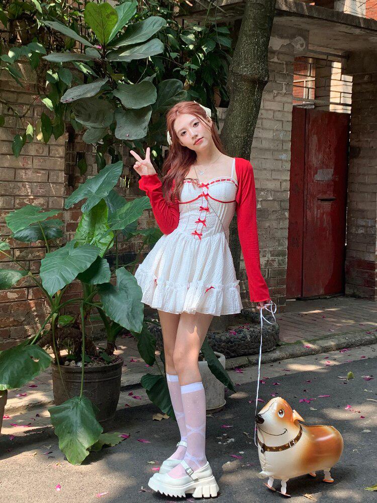 Style Core Aesthetics, New Style Trends - Coquette Mini Dress With Cardigan Style Core Aesthetics, New Style Trends - Coquette Mini Dress With Cardigan