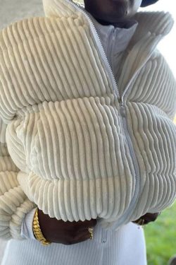 Style Core Aesthetics, New Style Trends - Corduroy Ribbed High Neck Zip Up Jacket