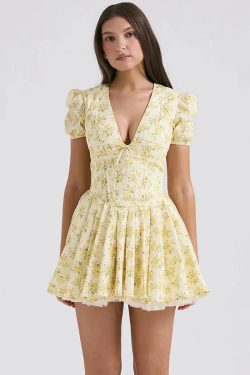Style Core Aesthetics, New Style Trends - Cottagecore Floral Plunge Neck Mini Dress