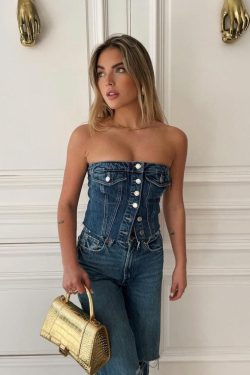 Style Core Aesthetics, New Style Trends - Cowgirl Button Up Denim Tube Top