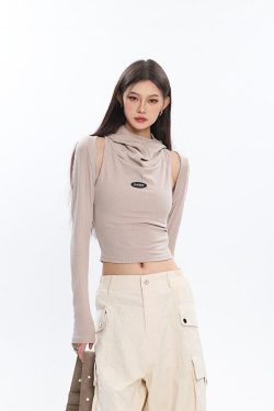 Style Core Aesthetics, New Style Trends - Cowl Collar Cut-Out Crop Top