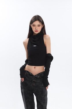 Style Core Aesthetics, New Style Trends - Cowl Collar Cut-Out Crop Top