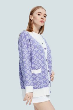 Style Core Aesthetics, New Style Trends - Cross Pattern Buttoned Purple Cardigan