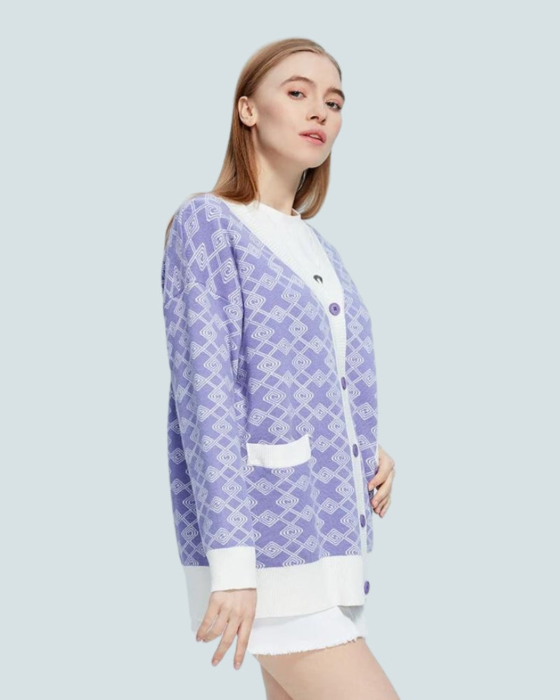 Style Core Aesthetics, New Style Trends - Cross Pattern Buttoned Purple Cardigan Style Core Aesthetics, New Style Trends - Cross Pattern Buttoned Purple Cardigan