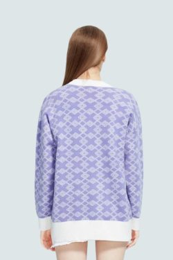 Style Core Aesthetics, New Style Trends - Cross Pattern Buttoned Purple Cardigan