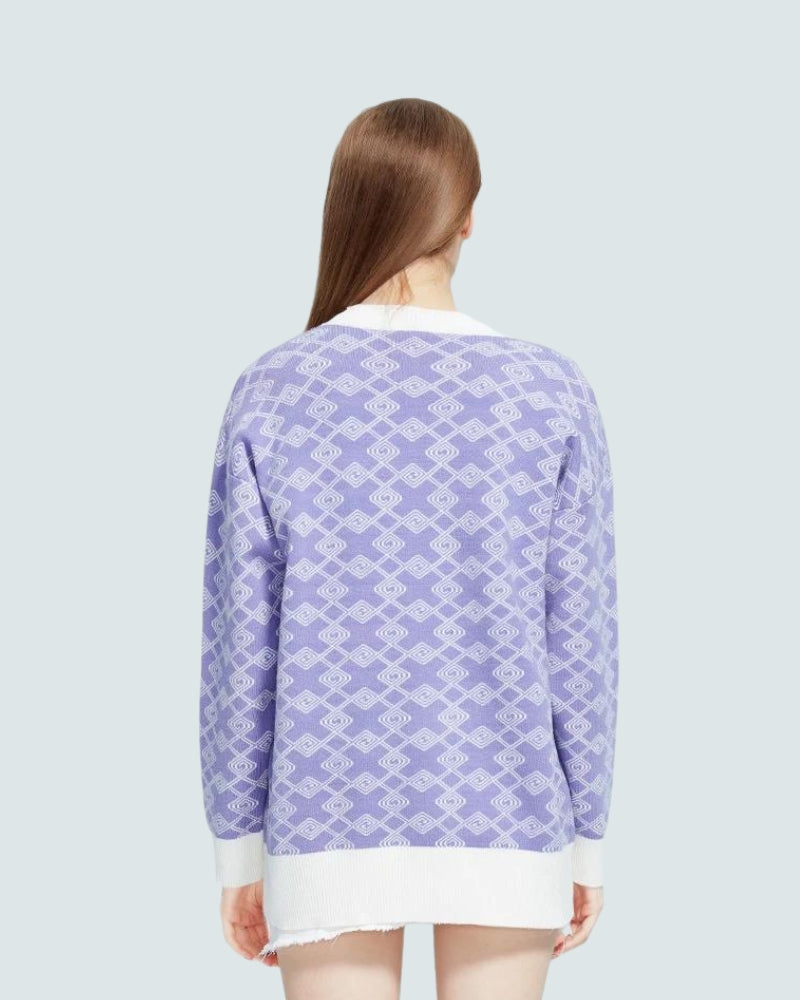 Style Core Aesthetics, New Style Trends - Cross Pattern Buttoned Purple Cardigan Style Core Aesthetics, New Style Trends - Cross Pattern Buttoned Purple Cardigan