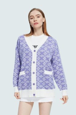 Style Core Aesthetics, New Style Trends - Cross Pattern Buttoned Purple Cardigan