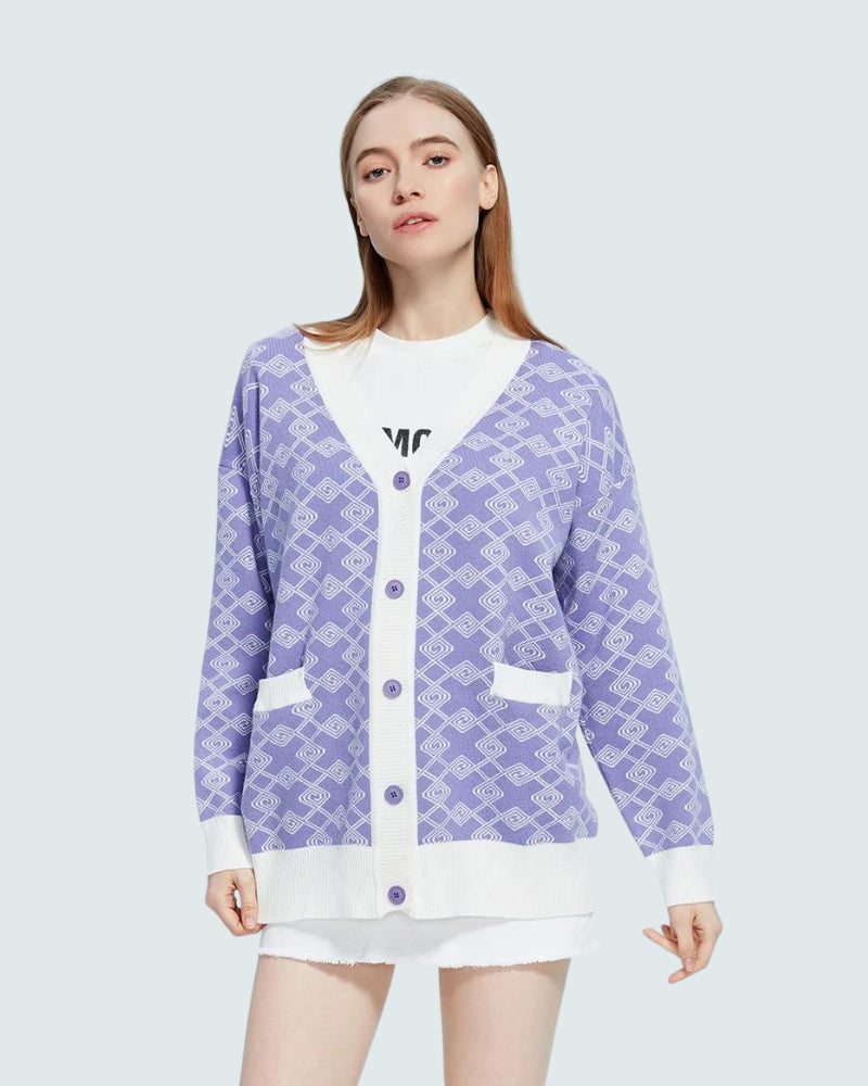 Style Core Aesthetics, New Style Trends - Cross Pattern Buttoned Purple Cardigan Style Core Aesthetics, New Style Trends - Cross Pattern Buttoned Purple Cardigan