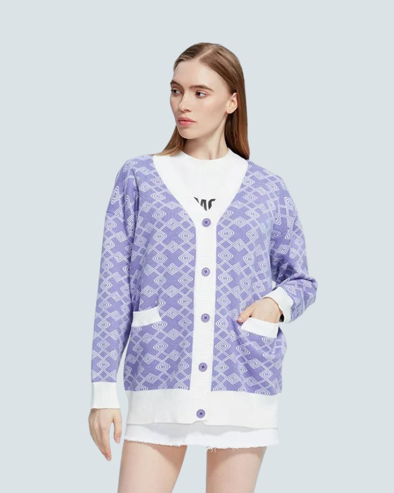 Style Core Aesthetics, New Style Trends - Cross Pattern Buttoned Purple Cardigan Style Core Aesthetics, New Style Trends - Cross Pattern Buttoned Purple Cardigan