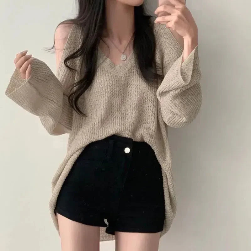Style Core Aesthetics, New Style Trends - Cut-Out Shoulder Loose Knit Sweater Style Core Aesthetics, New Style Trends - Cut-Out Shoulder Loose Knit Sweater