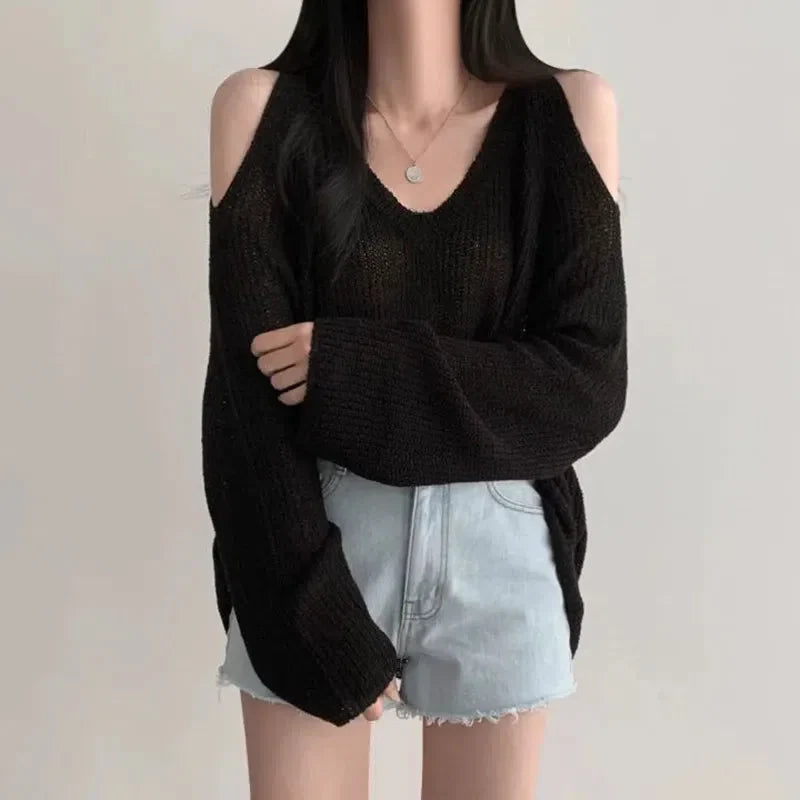 Style Core Aesthetics, New Style Trends - Cut-Out Shoulder Loose Knit Sweater Style Core Aesthetics, New Style Trends - Cut-Out Shoulder Loose Knit Sweater