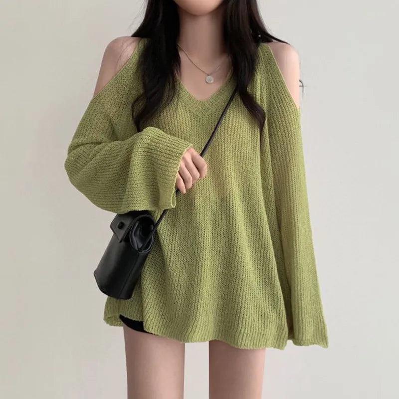 Style Core Aesthetics, New Style Trends - Cut-Out Shoulder Loose Knit Sweater Style Core Aesthetics, New Style Trends - Cut-Out Shoulder Loose Knit Sweater