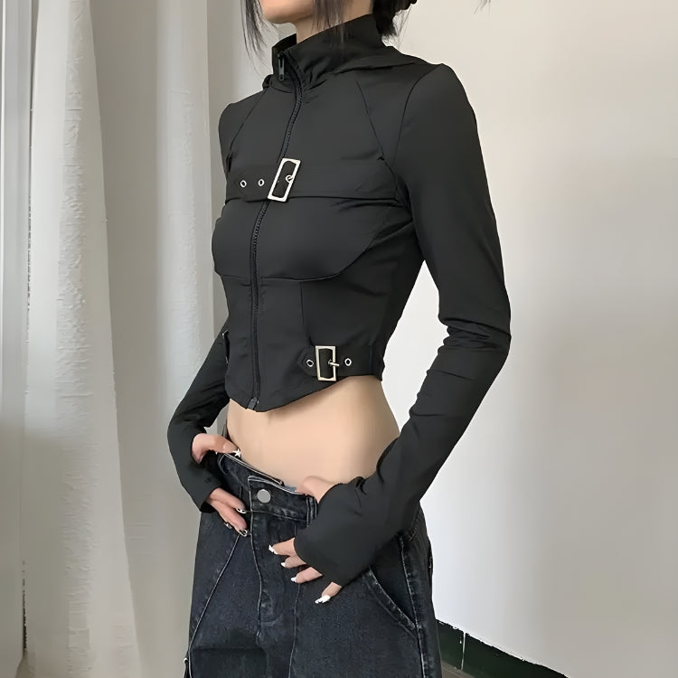 Style Core Aesthetics, New Style Trends - Cyberpunk Belted Zip-Up Crop Jacket Style Core Aesthetics, New Style Trends - Cyberpunk Belted Zip-Up Crop Jacket