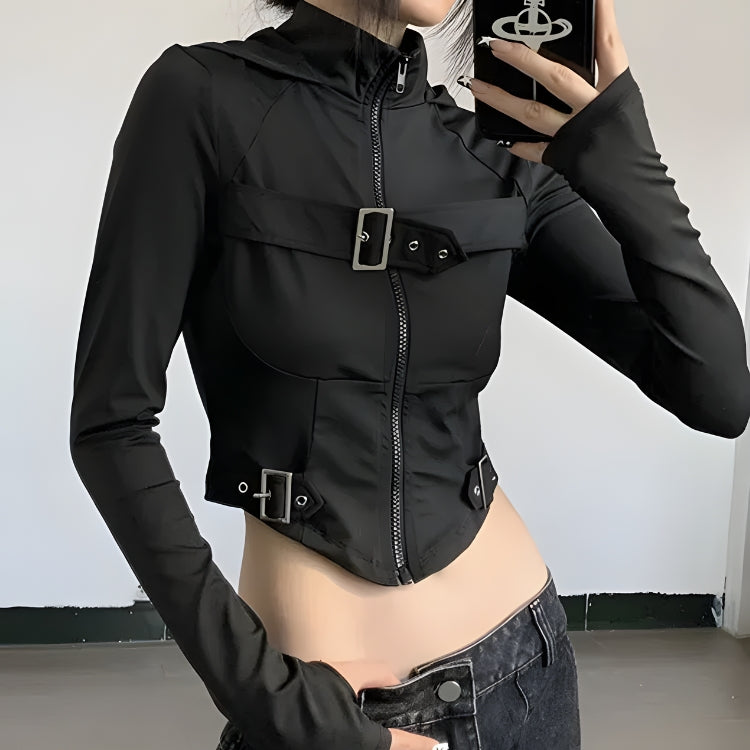 Style Core Aesthetics, New Style Trends - Cyberpunk Belted Zip-Up Crop Jacket Style Core Aesthetics, New Style Trends - Cyberpunk Belted Zip-Up Crop Jacket