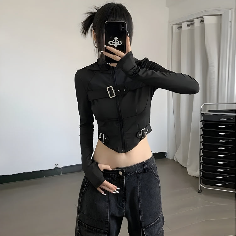 Style Core Aesthetics, New Style Trends - Cyberpunk Belted Zip-Up Crop Jacket Style Core Aesthetics, New Style Trends - Cyberpunk Belted Zip-Up Crop Jacket