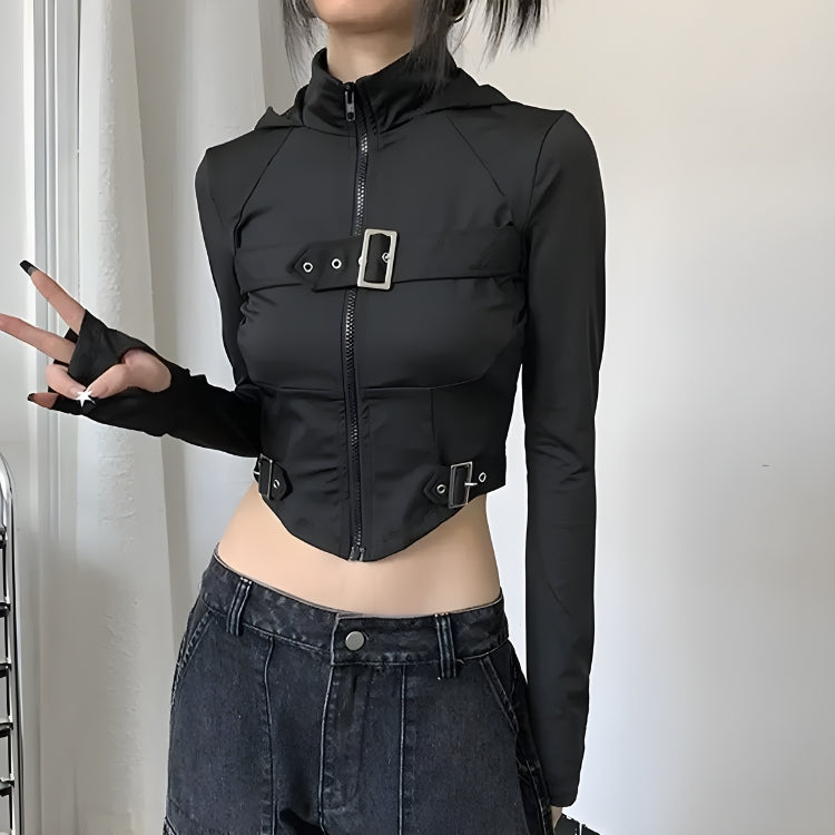 Style Core Aesthetics, New Style Trends - Cyberpunk Belted Zip-Up Crop Jacket Style Core Aesthetics, New Style Trends - Cyberpunk Belted Zip-Up Crop Jacket