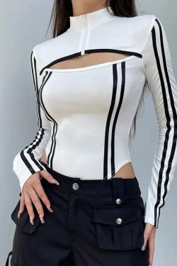 Style Core Aesthetics, New Style Trends - Cyberpunk Striped Cut Out Bodysuit