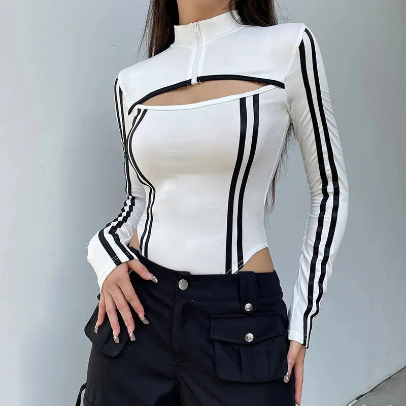 Style Core Aesthetics, New Style Trends - Cyberpunk Striped Cut Out Bodysuit Style Core Aesthetics, New Style Trends - Cyberpunk Striped Cut Out Bodysuit