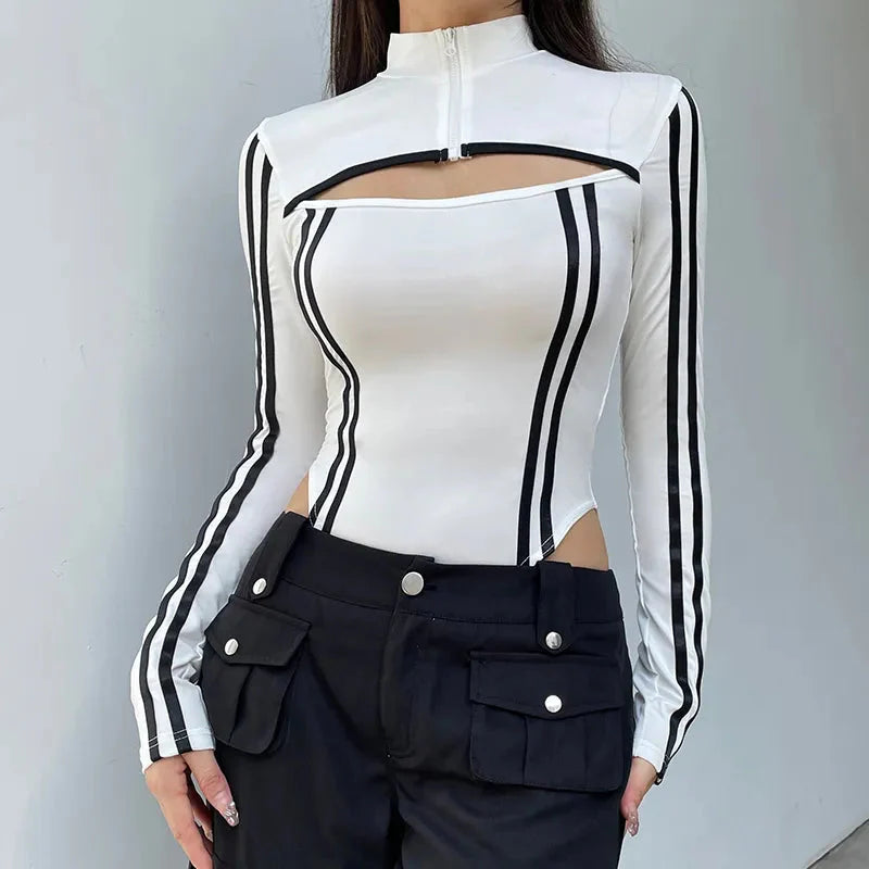 Style Core Aesthetics, New Style Trends - Cyberpunk Striped Cut Out Bodysuit Style Core Aesthetics, New Style Trends - Cyberpunk Striped Cut Out Bodysuit
