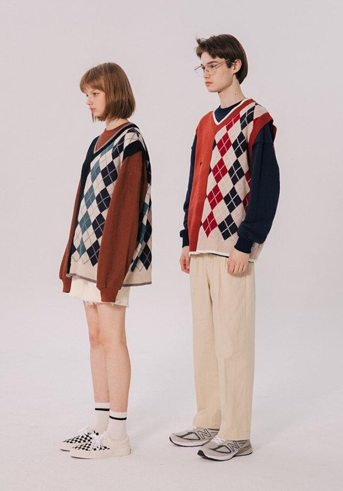 Style Core Aesthetics, New Style Trends - Dark Academia Half Argyle Sweater Vest Style Core Aesthetics, New Style Trends - Dark Academia Half Argyle Sweater Vest
