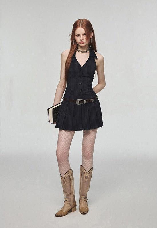 Style Core Aesthetics, New Style Trends - Dark Academia Halter Mini Dress Style Core Aesthetics, New Style Trends - Dark Academia Halter Mini Dress