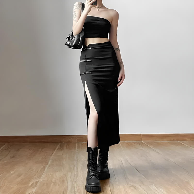 Style Core Aesthetics, New Style Trends - Dark Academia High Split Midi Skirt Style Core Aesthetics, New Style Trends - Dark Academia High Split Midi Skirt